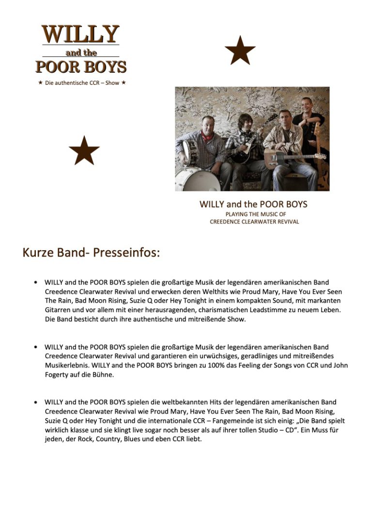 Erste Seite der kurzen Band- und Presseinfos